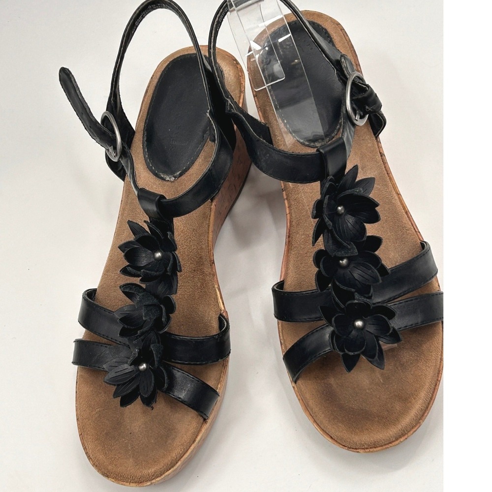 Wear Ever Black Floral Wedge Sandals Womens Size 9 Cork Platform Comfort